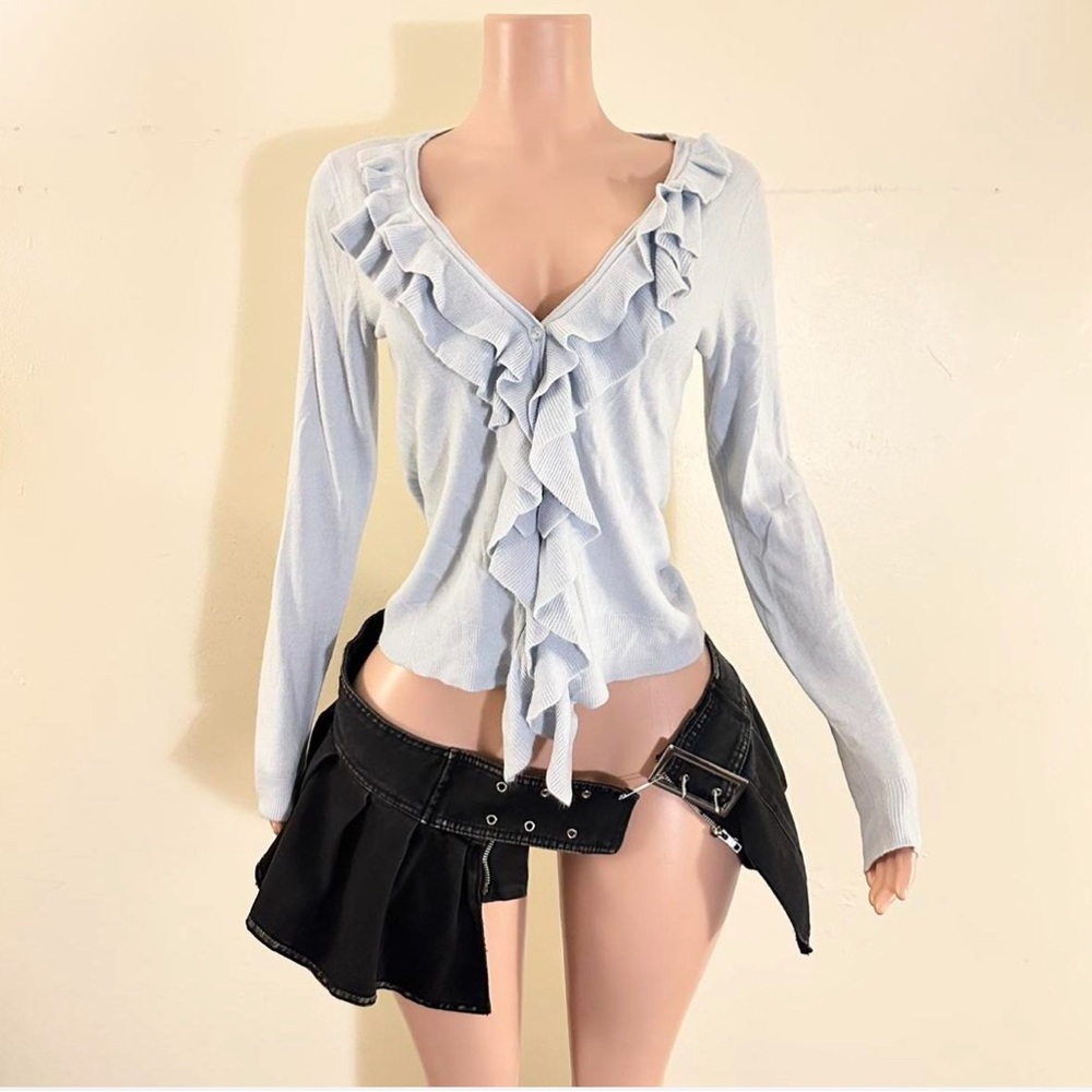 Light Blue Ruffled V-Neck Women's Top